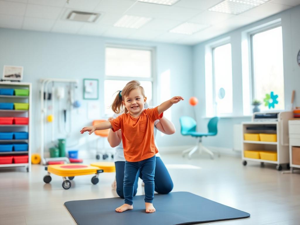 Occupational therapist guiding a smiling child through balance exercises in a bright clinic