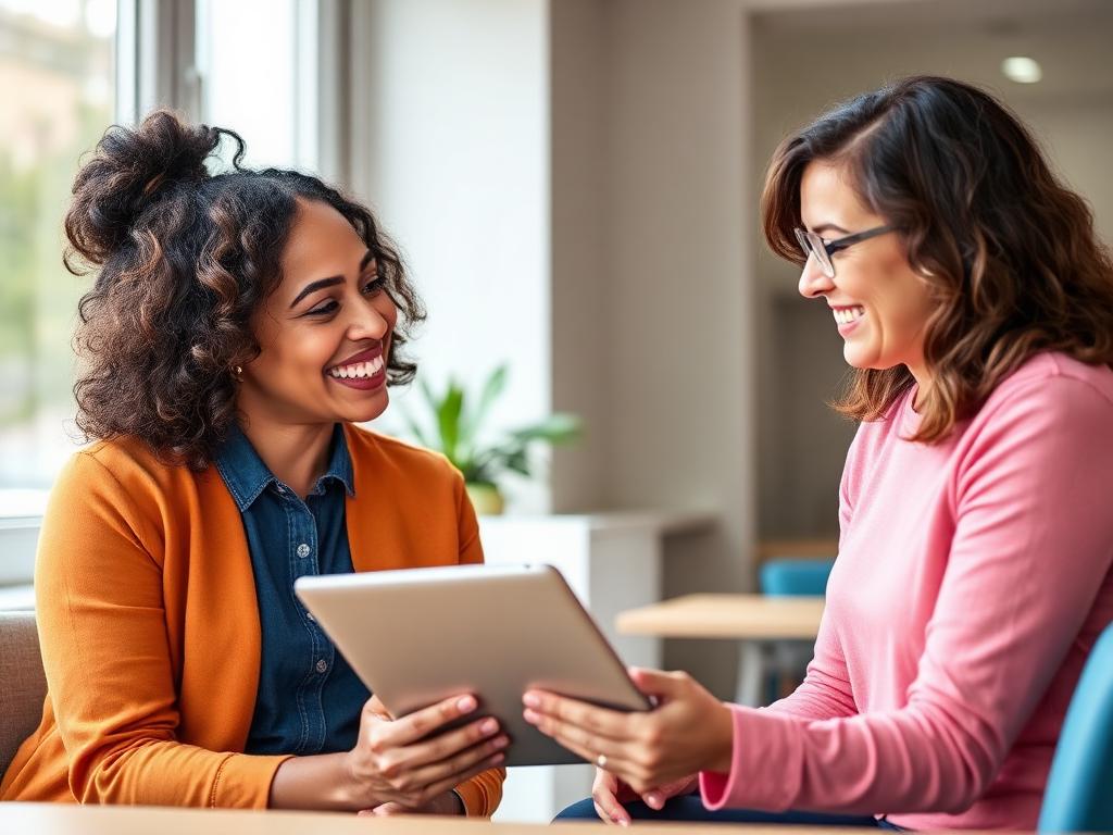 Support coordinator reviewing an NDIS plan on a tablet with a smiling client