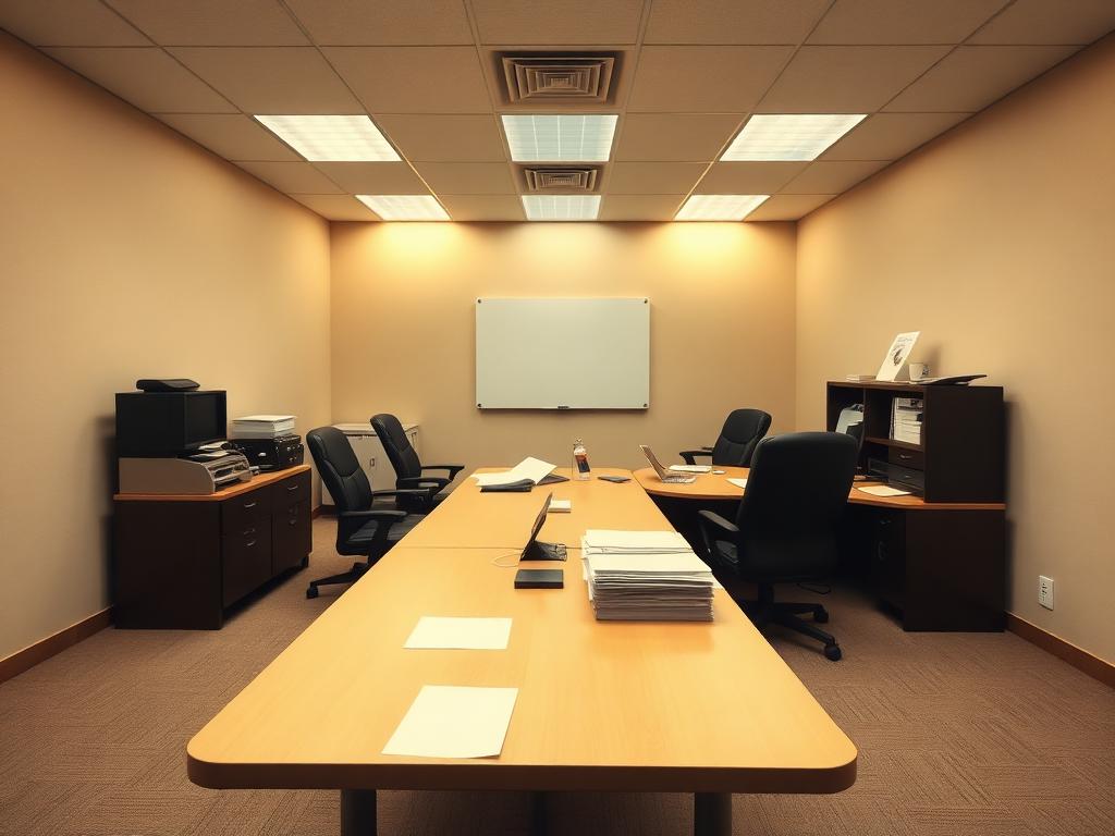 Empty beige meeting room with cluttered paperwork